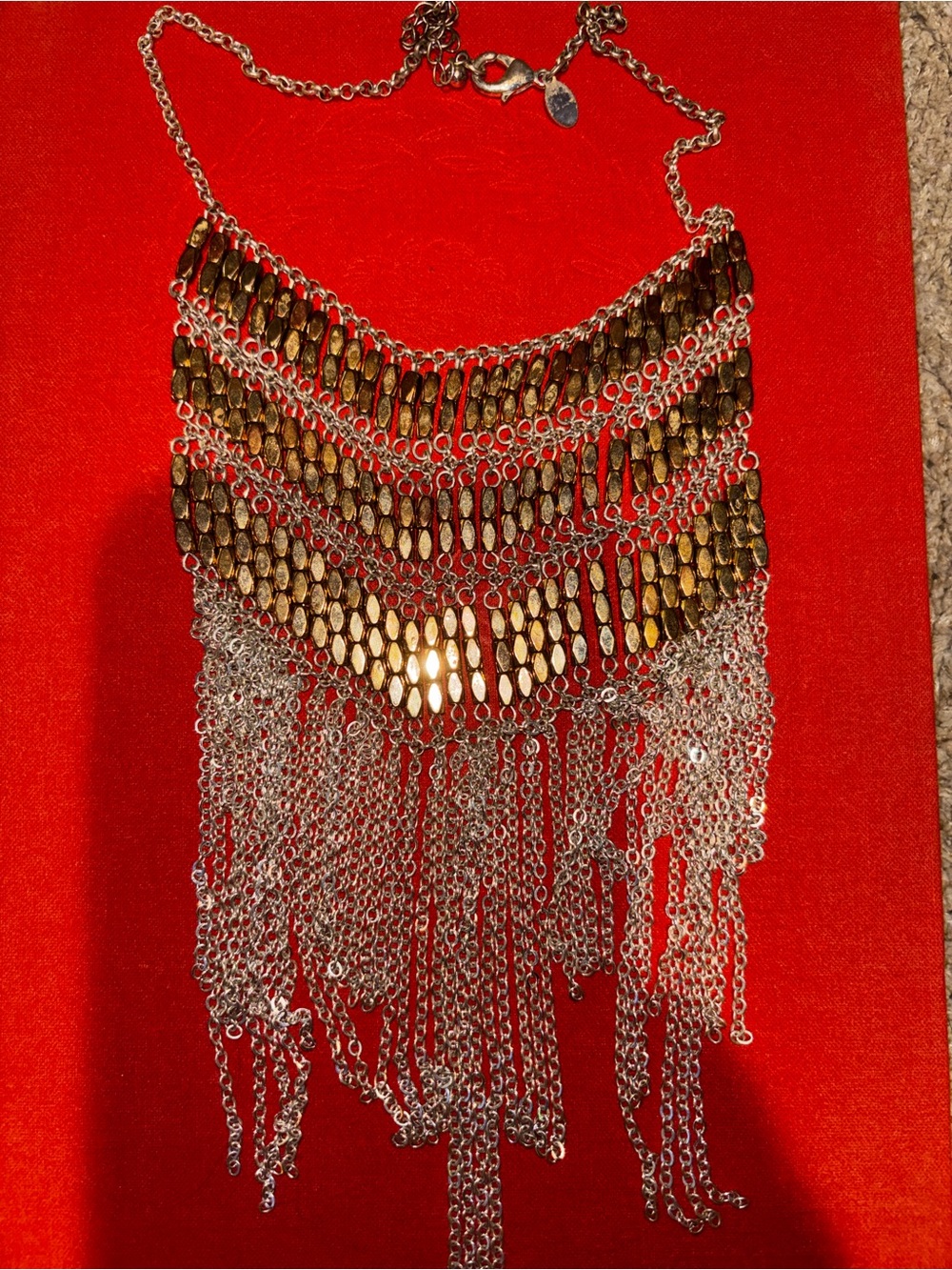 Express Silver Gold Tone Multi Chain Fringe Bib Statement Necklace